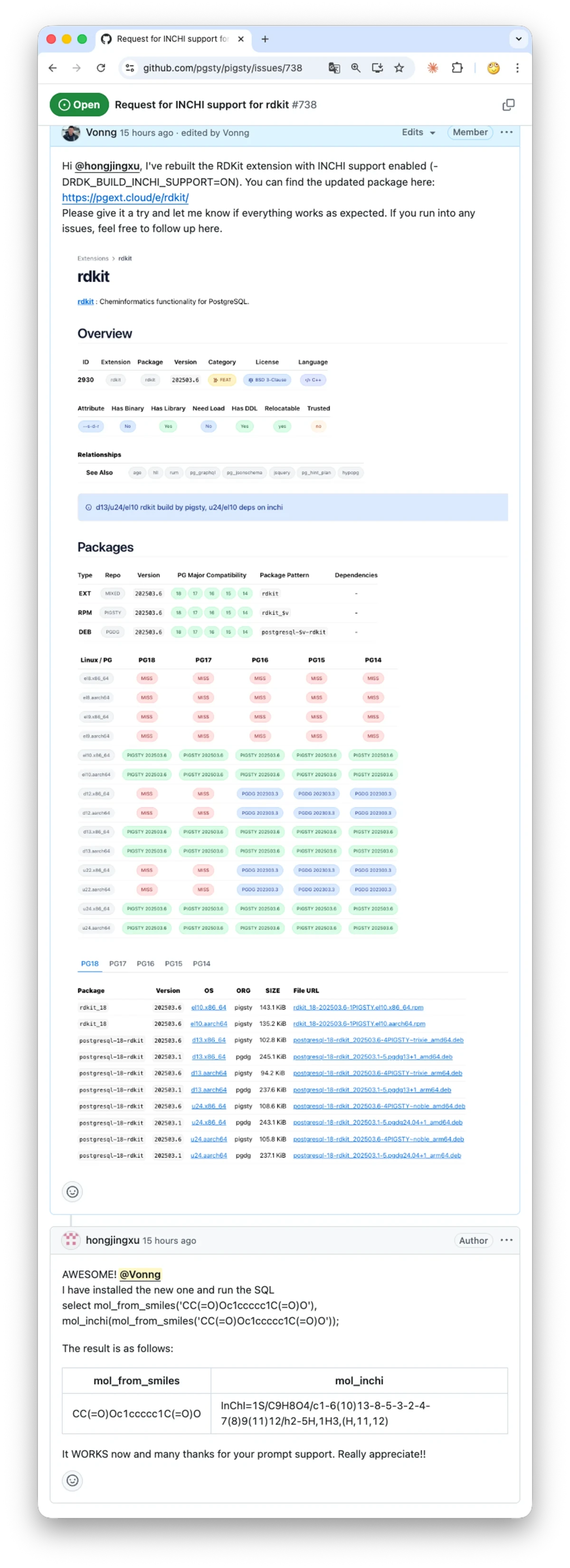 Maintainer response and rebuilt RDKit package with InChI enabled