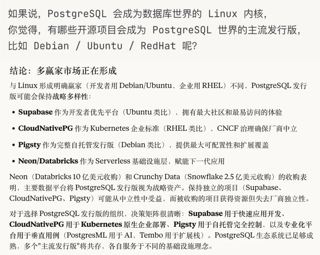 Claude 对 PostgreSQL 发行版生态的分析
