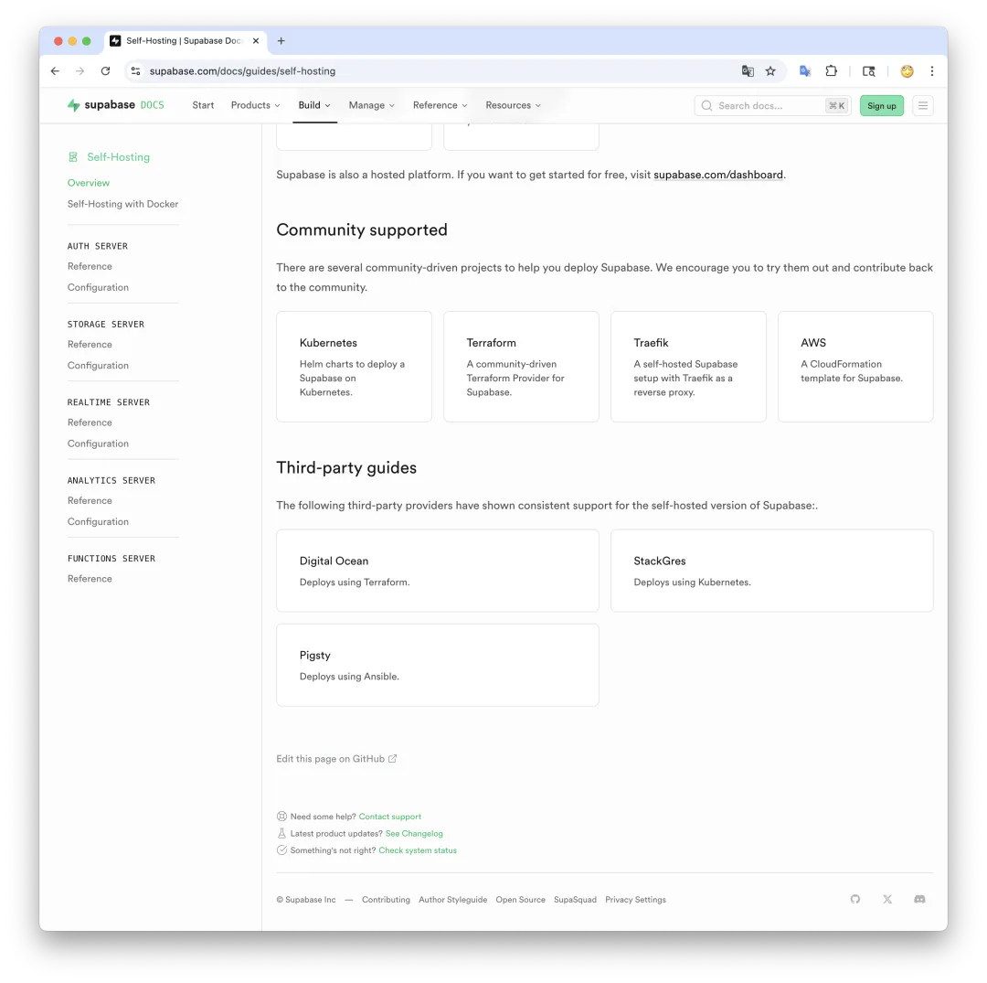 Supabase self-hosting documentation listing Pigsty and StackGres