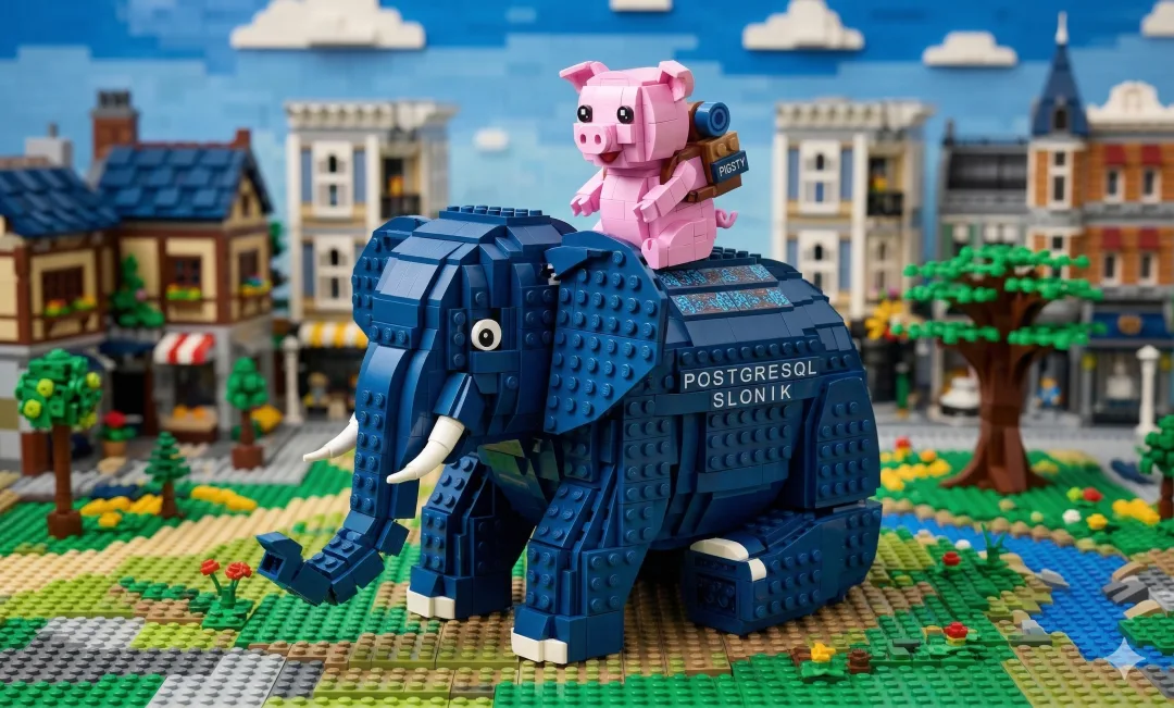 PIG package-manager mascot riding a PostgreSQL elephant