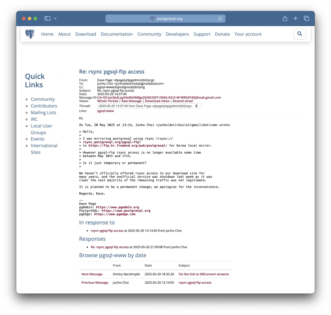 PostgreSQL mailing-list reply announcing the FTP and rsync shutdown