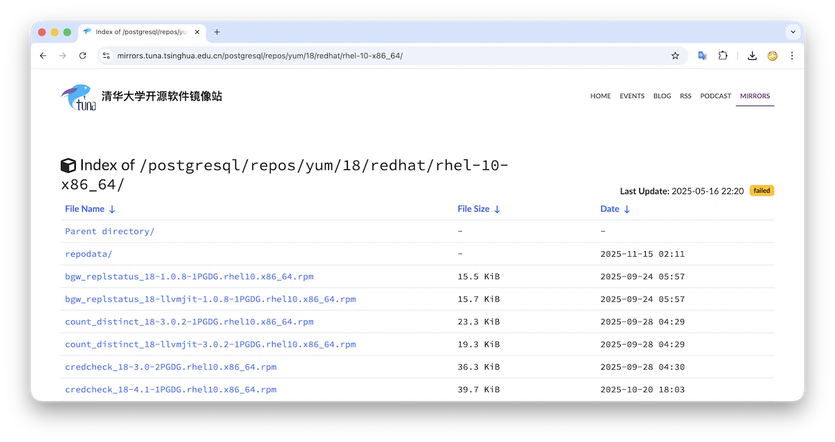 TUNA PostgreSQL 18 package directory at the time of the discussion